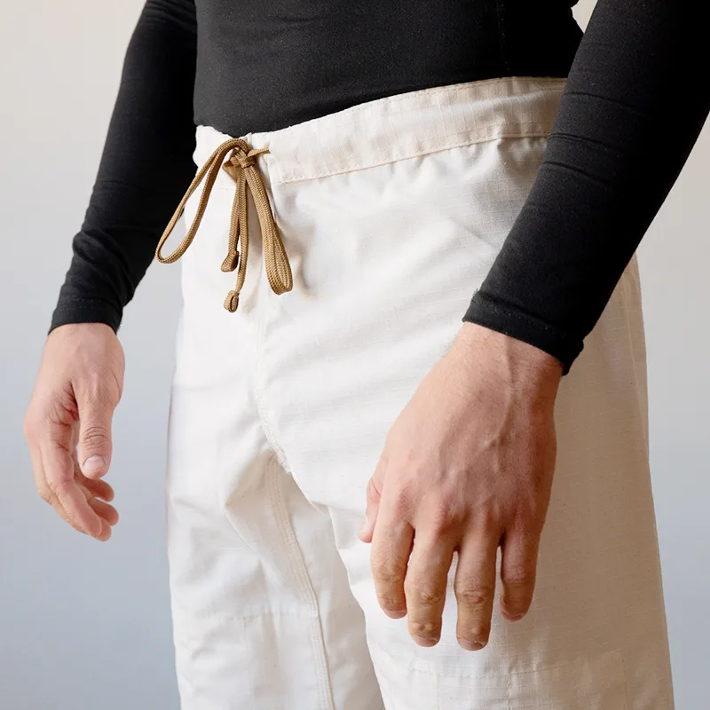 Close-up of the elastic waist and built-in drawstrings