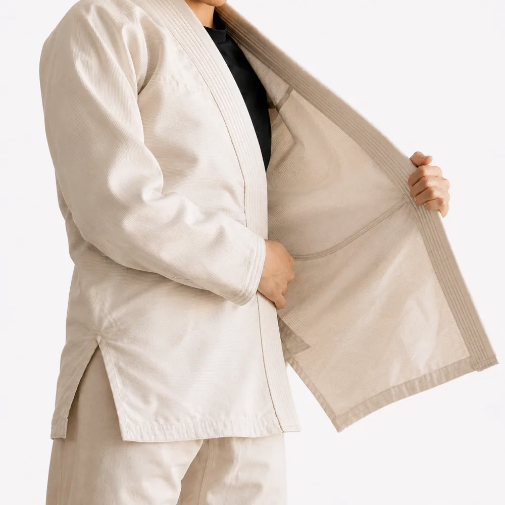 Close-up of the stitching inside an unbleached gi jacket