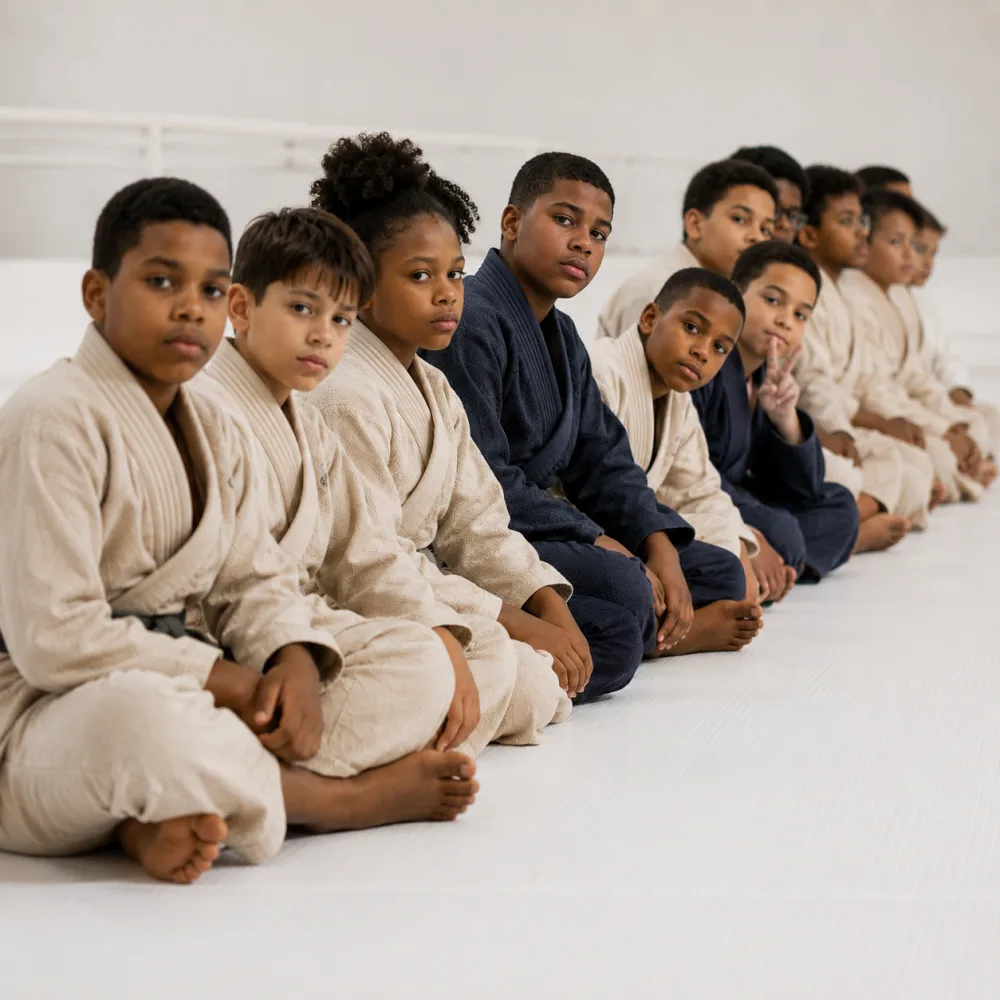 A young athlete wearing a white gi