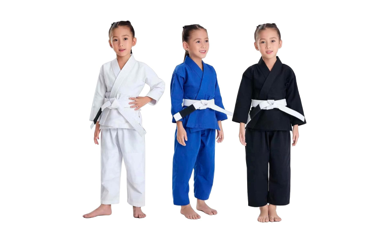 Photo of BJJ gis in white, blue and black colors