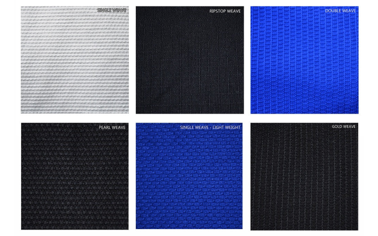 Collage of different weaves of BJJ gi fabrics