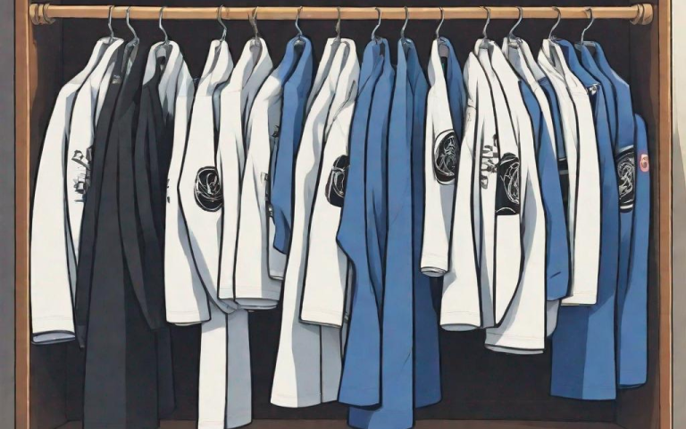 Illustration of BJJ gis in a wardrobe