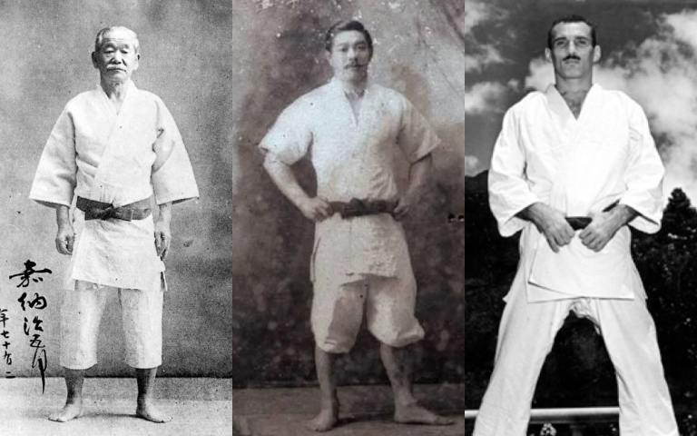 Photo collage of Jigoro Kano, Mitsuyo Maeda and Helio Gracie